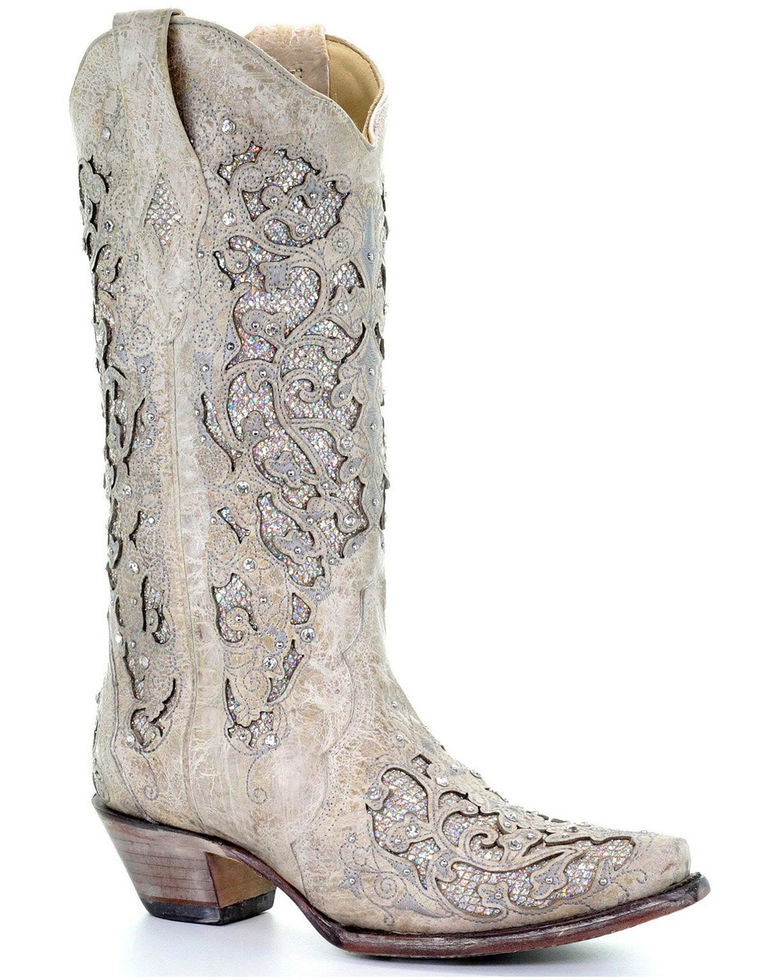 WOMEN'S CORRAL WHITE GLITTER INLAY AND CRYSTALS SNIP-TOE BOOTS